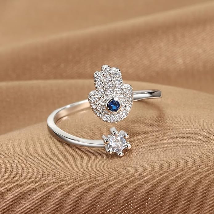 Hamsa Hand Evil Eye Ring for Women, Evil Eye Hamsa Hand of Fatima Ring Blue Cubic Zirconia Inspirational Turkish Eye Ring Hamsa Hand Jewelry Set Gifts Valentine Day Chrismtas Gifts