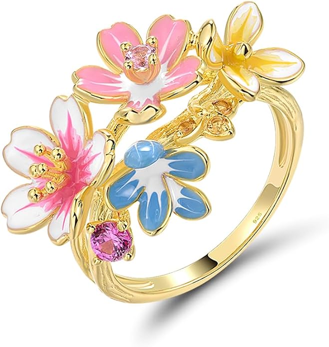 Santuzza 925 Sterling Silver Enamel Flower Ring for Women