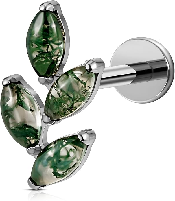 FINE4U 16G Moss Agate Body Piercing Jewelry for Helix Flat Tragus Lobe 16G 6mm 8mm - ASTM F136 Titanium Screw on Flat Back Stud, Hypoallergenic Cartilage Earring