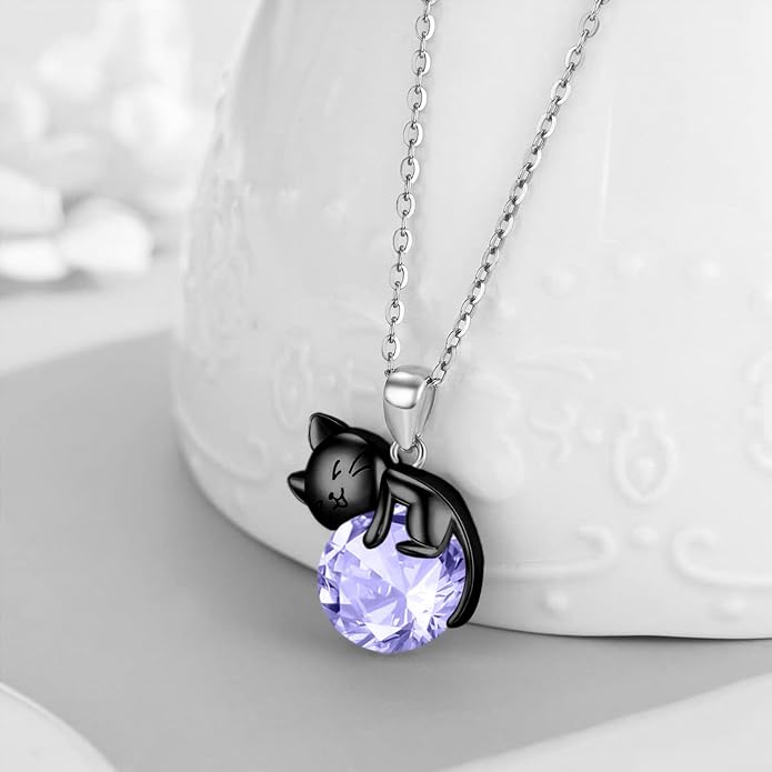 Cat Necklace Sterling Silver Cat Zircon Pendant Gothic Jewelry for Women Animal Lovers Gifts
