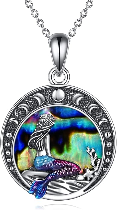 LUHE Mermaid Necklace Jewelry Gifts Sterling Silver Sea Mermaid Crescent Moon and Star Necklace with Flower Pendant Birthday Gifts for Daughter Women