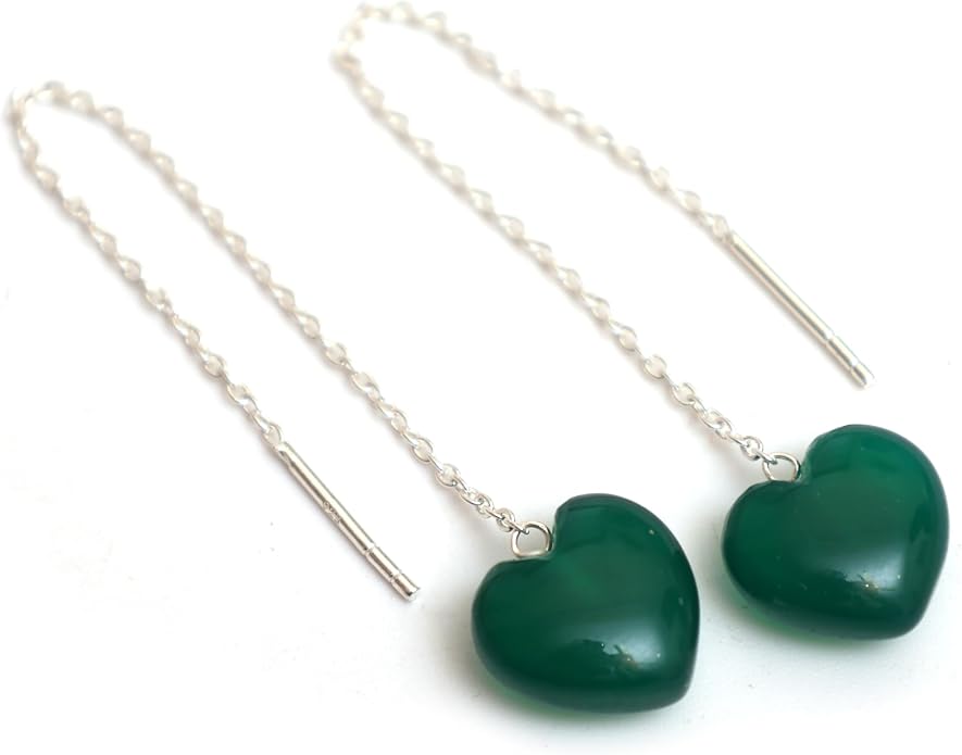 Gemstone Heart Shaped Threader Earrings in 925 Sterling Silver, Pull Through Adjustable, Versatile & Trendy, Perfect Valentine's Gift for Women, Choice of Gemstone Available