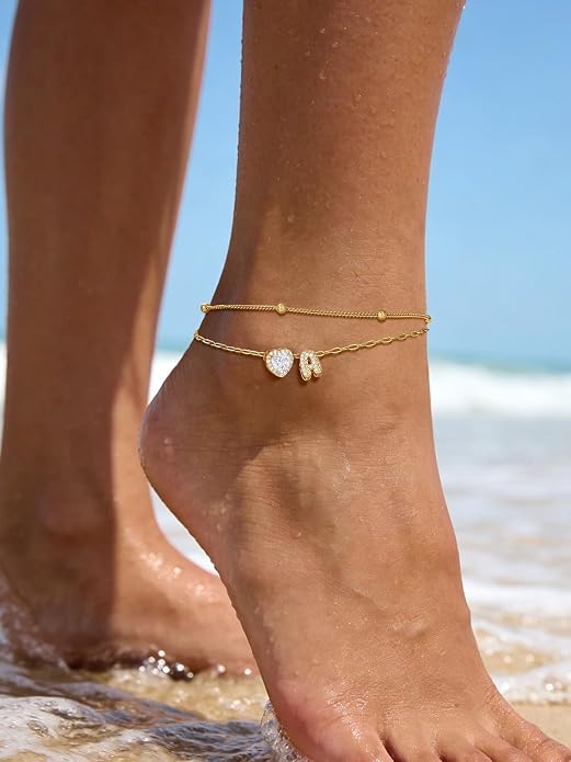 FindChic Silver/14K Gold Plated Layered CZ Initial Ankle Bracelet for Women | Waterproof Stainless Steel, Cubic Zirconia Letter Charm, Non-Tarnish, Hypoallergenic, Adjustable Extender, Summer Jewelry