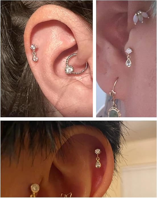 Sterling Silver 925 Flat Back Earring for Women 1PC 16G Helix Piercing Jewelry Dangle Cartilage Earring Internally Threaded Tragus Forward Conch Stud CZ Ear Ring 8mm Gifts