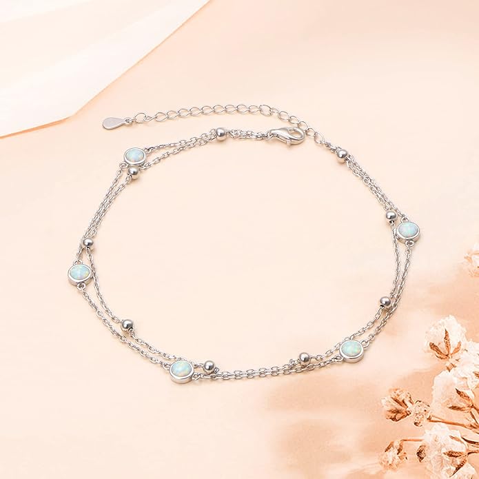 Flyow Anklet for Women S925 Sterling Silver Adjustable Foot Beaded Heart Charm Ankle Bracelet Anklets Jewelry