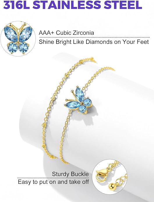 Richsteel Double Layer Heart/Butterfly Birthstone Anklet for Women Non Tarnish Waterproof, Silver/Gold/Black Stainless Steel 8.5-10.5 Inch Adjustable Chain Anklets Jewelry Gifts for Her