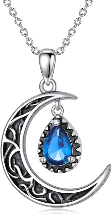 VONALA Crescent Moon Necklace Sterling Silver Emerald/Red/Purple/Black/Rainbow Topaz/Green/Aquamarine/Blue/Moss Agate Celtic Moon Teardrop Necklace Celtic Jewelry Gifts for Women Birthday