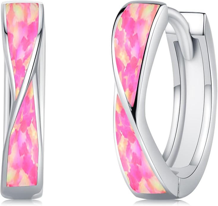 KiiKii Opal Hoop Earrings for Women 925 Sterling Silver 15mm Twisted Huggie Earrings Opal Jewelry Gifts for Birthday Anniversary Christmas