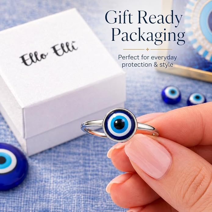 Ello Elli Evil Eye Ring for Women, Minimalist Stainless Steel Band, Blue Eye Protection Design, Sleek Everyday Jewelry