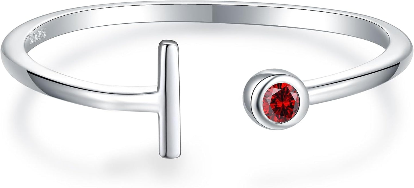 925 Sterling Silver Initial Letter Birthstone Rings for Women Adjustable 1-12 Month Birthstone Alphabet Stacking Ring for Teens Girls Stackable Birthstone Rings Birthday Jewelry Gift for Daughter Mom
