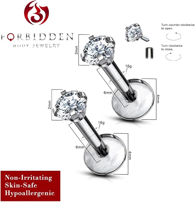 16 g Titanium Internally Threaded Tragus Piercing Jewelry CZ Top Flat Back Piercing Nose Studs Earring, Helix, Cartilage, Labret, Monroe for Women or Men