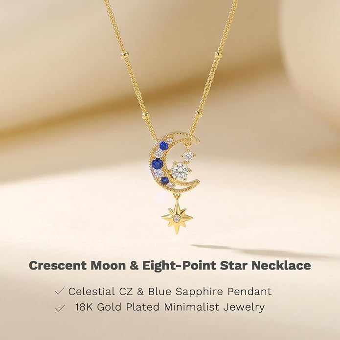 Miss mimi CZ Pendant Necklace, Golden Yellow Princess Cut or Crescent Moon, 18K Gold Plated, Adjustable 16” or 18 + 2”in Chain, Celestial & November Birthstone Citrine Style