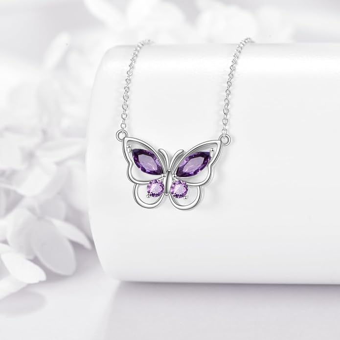 Butterfly Necklace for Women 925 Sterling Silver Crystal Butterfly Pendant Birthstone Amethyst Jewelry Gift