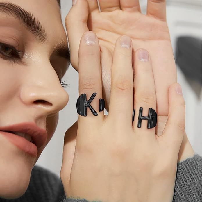 KeyStyle Bold Initial Letter Rings Adjustable, GoldChic Jewelry Women Gold Statement Ring Personalized Engraved Women’s Open Signet Ring for Party (Gold, White Gold, Black)