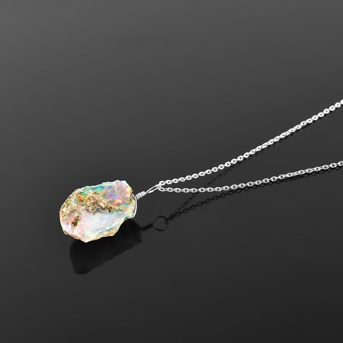 Raw Ethiopian Fir Opal Pendant Necklace for Women, Dainty Pendant, Handmade October Birthstone, Hypoallergenic Spiritual Healing Stone 925 Sterling Silver Chain 20" Birthday Gifts