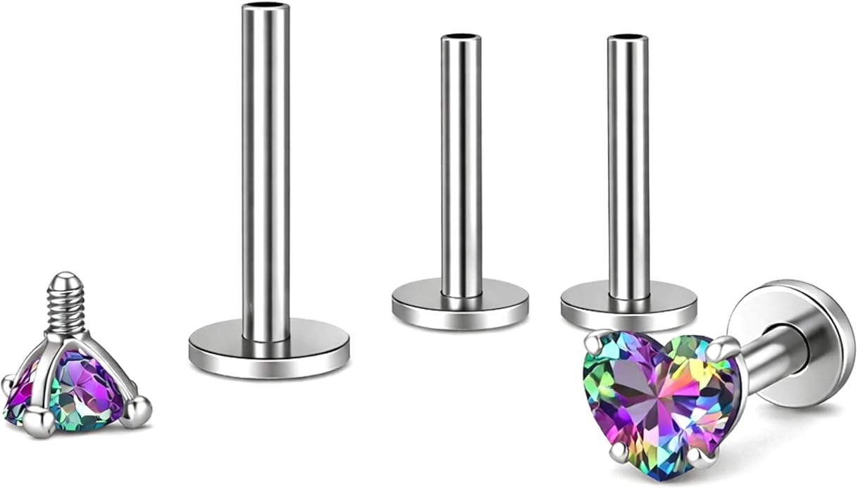 Titanium Heart CZ Labret Stud Earrings for Piercings by Ginger Lyne 6Pc Set G23 Screw Front Flat Back Body Jewelry 2 pair post 6mm, 8mm Cartilage, Helix, Tragus, Lip, Conch, Lobe