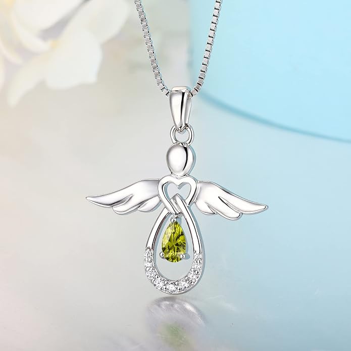 FJ Guardian Angel Necklace 925 Sterling Silver Birthstone Pendant Angel Jewelry Gifts for Women
