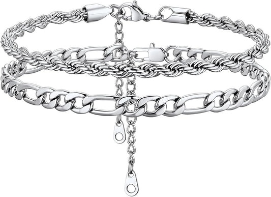 KeyStyle Paperclip Ankle Bracelets for Women, 14k Gold Plated Cuban Chain Rope LInk Anklets Sets, Stainless Steel Figaro Layered Anklet Pack Summer Jewelry(2PCS, 3PCS)