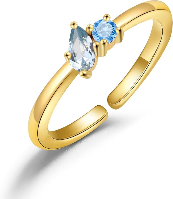 JSJOY Birthstone Rings for Women Dainty Emerald Blue Ring Birthday Gifts for Mom Her Gemstones CZ Ring for Teens Gold Rings That Don't Tarnish Adjustable Ring Jewelry Gifts