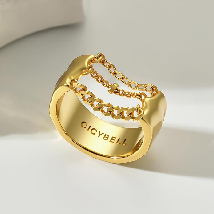 Cicy Bell Gold Rings for Women 18K Gold Plated Non Tarnish Chunky Wide Ring Chain Link Jewelry Gifts for Lovers and Mom Size 7