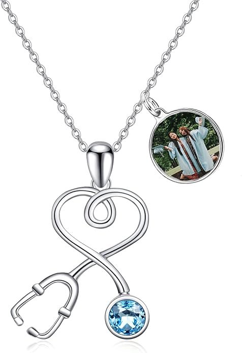 AOBOCO Stethoscope Necklace 925 Sterling Silver Embellished with 12 Months Birthstone Crystals from Austria, Graduation Gifts Medical Jewelry for Doctor Nurse Medical Student RN