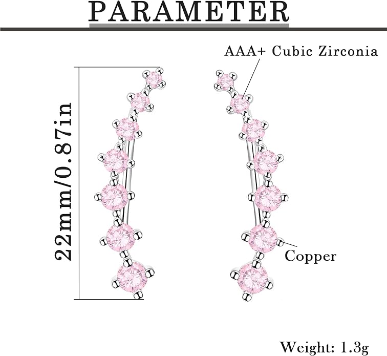 Climber Earrings for Women Ear Crawler Earrings White Gold Plated Cubic Zirconia Created Pink Tourmaline Earring Gifts for Women