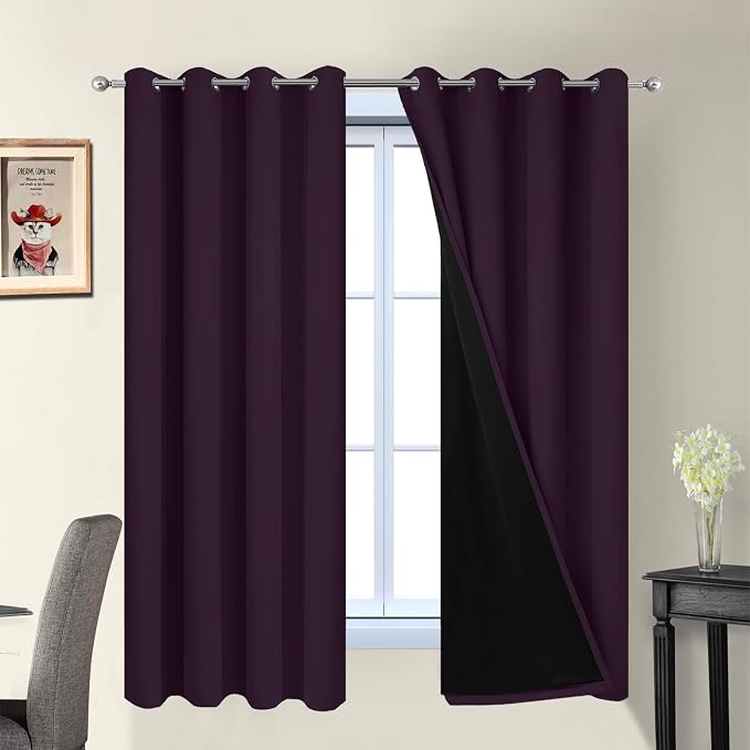 Yakamok Dark Purple 100% Blackout Curtains 63 Inches Long 52" Wide 2 Panels | Blackout Curtain Panels for Bedroom, 2 Thick Layers Grommet Top Thermal Insulated Drapes with Black Liner for Living Room