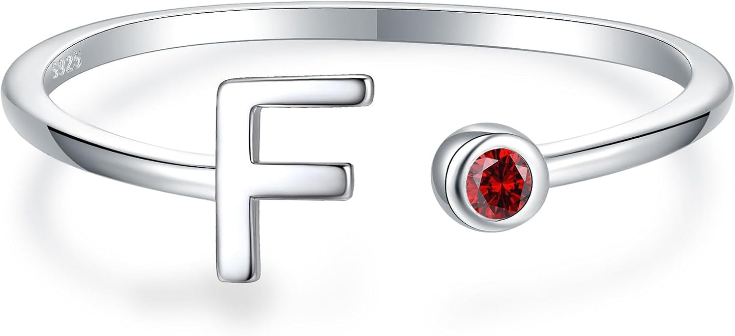 925 Sterling Silver Initial Letter Birthstone Rings for Women Adjustable 1-12 Month Birthstone Alphabet Stacking Ring for Teens Girls Stackable Birthstone Rings Birthday Jewelry Gift for Daughter Mom