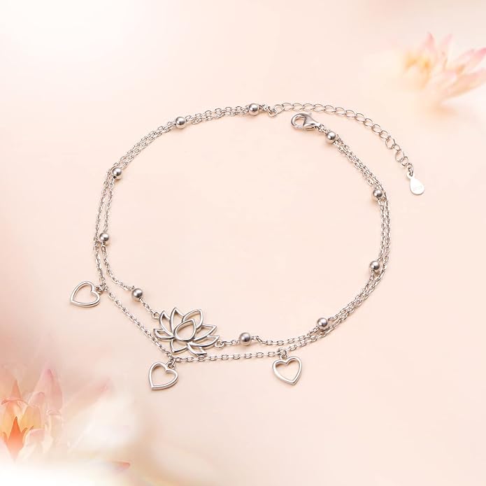 Flyow Anklet for Women S925 Sterling Silver Adjustable Foot Beaded Heart Charm Ankle Bracelet Anklets Jewelry