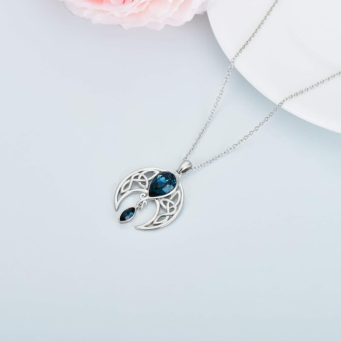 AOBOCO Sterling Silver Celtic Crescent Moon Goddess Pendant Irish Good Luck Necklace with Birthstone Crystal, Celtic Moon Jewelry Gift for Women Mom Wife