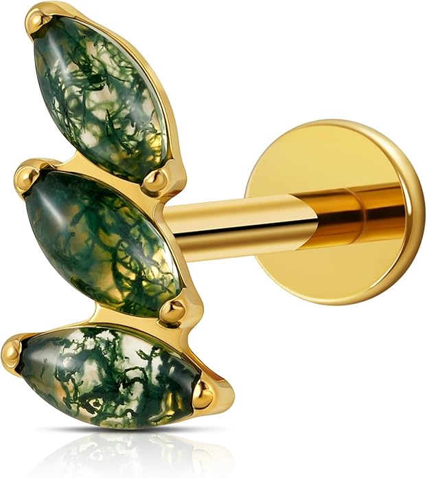 FINE4U 16G Moss Agate Body Piercing Jewelry for Helix Flat Tragus Lobe 16G 6mm 8mm - ASTM F136 Titanium Screw on Flat Back Stud, Hypoallergenic Cartilage Earring