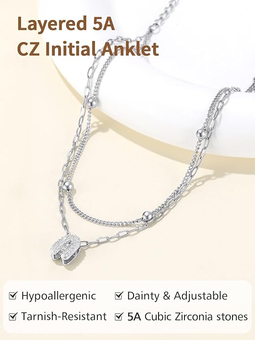 FindChic Silver/14K Gold Plated Layered CZ Initial Ankle Bracelet for Women | Waterproof Stainless Steel, Cubic Zirconia Letter Charm, Non-Tarnish, Hypoallergenic, Adjustable Extender, Summer Jewelry