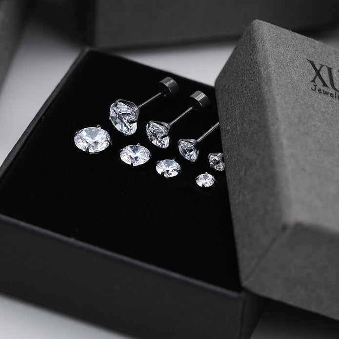 XUU Flat Back Stud Earrings, Implant Grade Titanium Earrings Set for Women, Hypoallergenic 20G Screw Back Earrings for Sensitive Ears, 3–6mm CZ Crystal, Gold Silver Black
