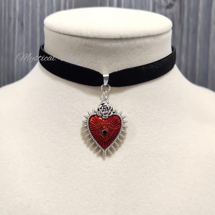 Gothic Black Velvet Choker Necklace with Red & Silver Heart Shaped Pendant Floral Rose Evil Eye Third Eye Goth Whimsigoth Handmade Jewelry Gift for Her Witchy Wiccan