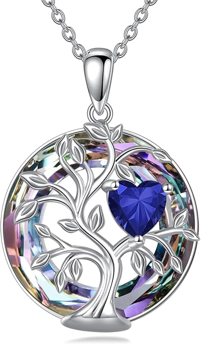 Tree Of Life Birthstone Necklace 925 Sterling Silver Crystal Family Tree Pendant Necklaces Heart Birthstone Jewelry For Women Female Anniversary Birthday Gifts