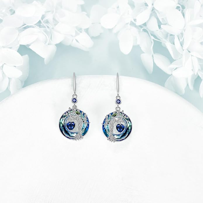 POPLYKE Tree of Life Birthstone Earrings 925 Sterling Silver Dainty Gemstone Birthstone Dangle Drop Earring with Crystal Fine Jewelry Birthday Gifts for Women Her