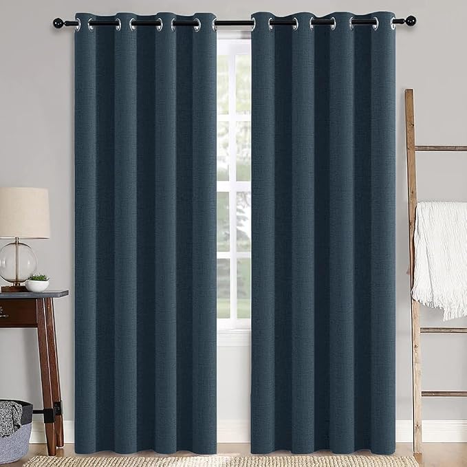 MIULEE 100% Blackout Linen Textured Curtains for Bedroom Solid Thermal Insulated Navy Grommet Room Darkening Curtains & Drapes Luxury Decor for Living Room 52 x 90 Inch (2 Panels)