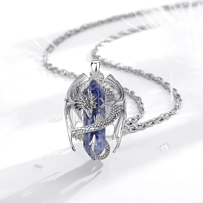 INFUSEU Unique Dragon Necklaces with Healing Crystal Stone for Men Women, Personalized Spiritual Gifts, 24 Inch Chain