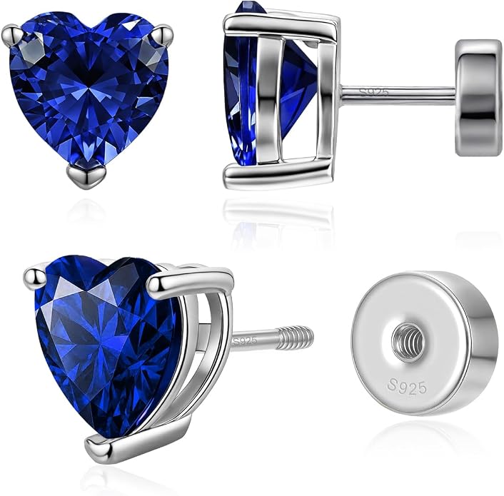 Heart Birthstone Flat Back Stud Earrings, 925 Sterling Silver 18K White Gold Plated, Poke-Free Comfortable Sleep Hypoallergenic Personalized Ear Piercing Jewelry, Mother's Day Birthday Gifts for Women