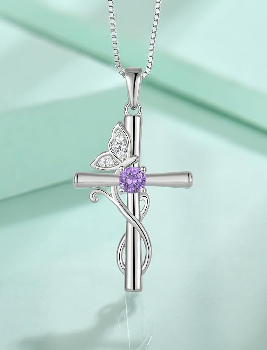 STARCHENIE Butterfly Cross Necklace 925 Sterling Silver Crucifix Pendant Birthstone Jewelry for Women