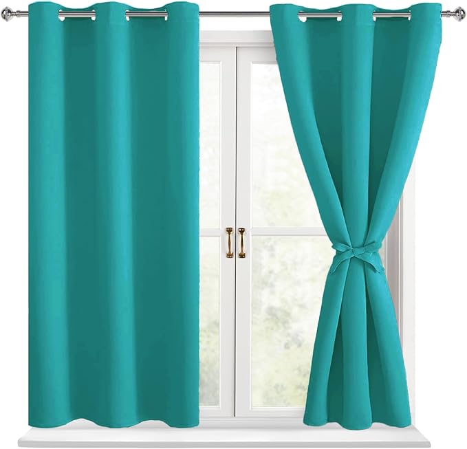 Hiasan Short Blackout Curtains for Bedroom - Thermal Insulated & Energy Saving Window Curtains for Living Room, 2 Drape Panels Sewn with Tiebacks, Peacock Teal, 38 x 45 Inch