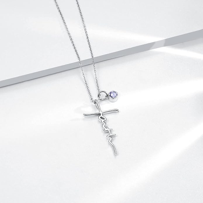 PRAYMOS Faith Cross Necklace for Women 925 Sterling Silver Pendant Necklace With Birthstone Initial Christian Religious Confirmation Baptism Mothers Day Gifts