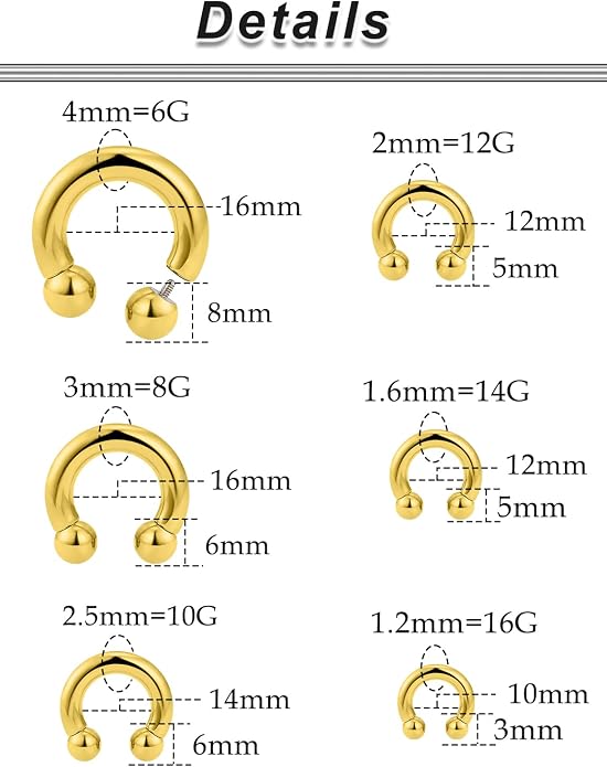 6G 8G 12G 14G 16G PA Ring Horseshoe CBR Circular Barbell 316L Surgical Steel Internally Threaded Pierced Body Jewelry for Women Inner Diameter:10mm 12mm 14mm 16mm