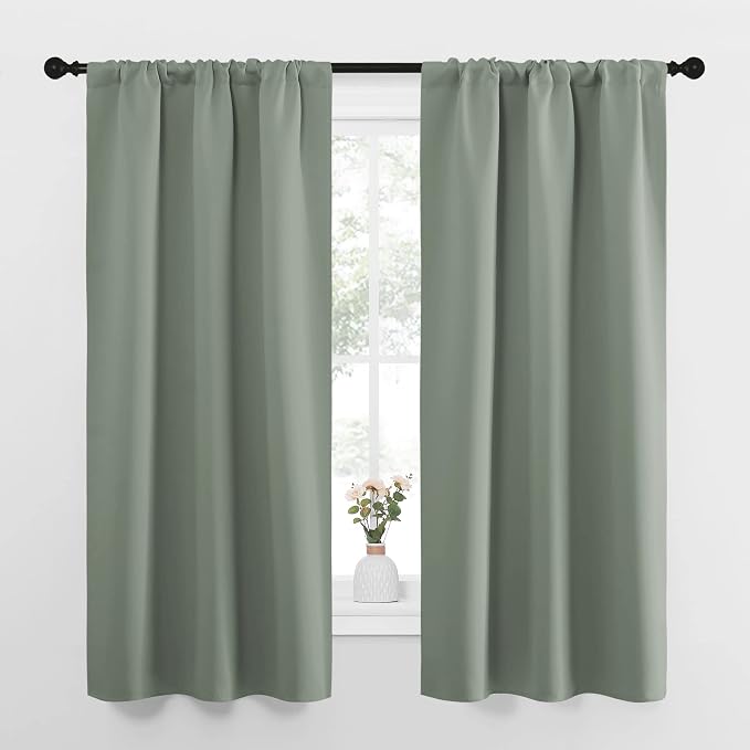 NICETOWN Window Curtains Blackout Drapes - Thermal Insulated Solid Rod Pocket Blackout Curtains/Draperies for Living Room (Greyish Green, One Pair, 34 by 63-Inch)