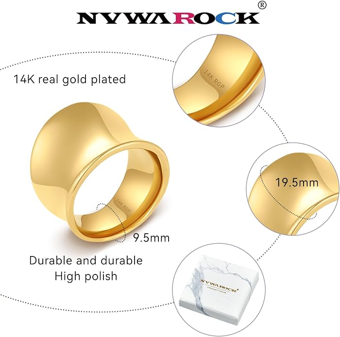 Wide Statement Band Rings for Women and Men，High 14K Gold Plated Polish Large Thumb Index Full Finger Rinds Size 6-11（Gold and Silver）