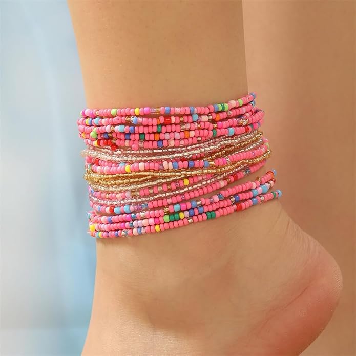 Fuqimanman2020 18Pcs Boho Stackable Beaded Bracelets for Women Colorful Handmade Multilayered Rice Beads Anklets Set Summer Beach Bohemian Jewelry Gift