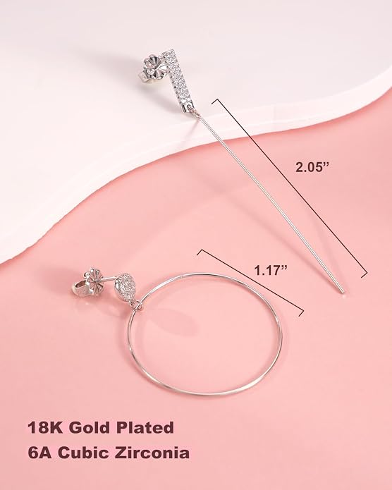 Asymmetrical Chain Dangle Earrings for Women 18K Gold Plated 925 Silver Circle and Long Ear Pin Tassel Chain Triangle Wing-Inspired 6A CZ Drop Earring Geometric Symbolic Earrings Jewelry Gifts