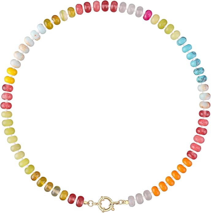LALAPPLE Colorful Beaded Gemstone Necklace for Women, Boho Rainbow Bead Choker with Natural Stone Crystal Beads, Handmade Summer Beach Necklace Jewelry