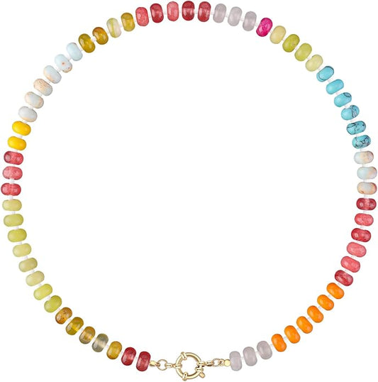 LALAPPLE Colorful Beaded Gemstone Necklace for Women, Boho Rainbow Bead Choker with Natural Stone Crystal Beads, Handmade Summer Beach Necklace Jewelry