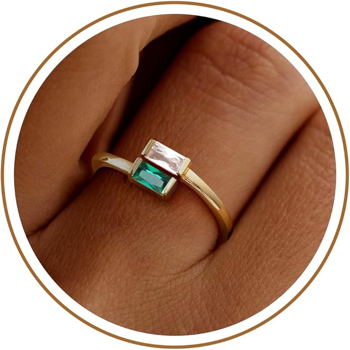 JSJOY Birthstone Rings for Women Dainty Emerald Blue Ring Birthday Gifts for Mom Her Gemstones CZ Ring for Teens Gold Rings That Don't Tarnish Adjustable Ring Jewelry Gifts